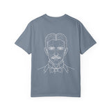 Tesla T-shirt featuring the "Think in Terms of Energy, Frequency and Vibration" design from the Visionaries Series by Printify.