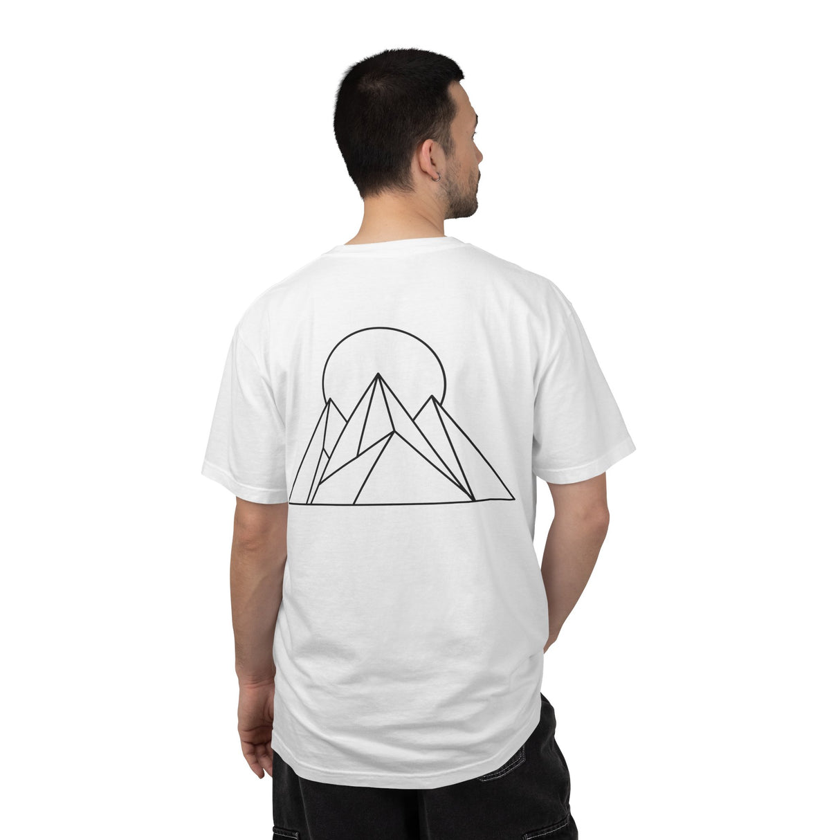 Printify Peak Tee T-shirt from the Nature Series featuring "Built to Rise" slogan, with a natural landscape design on the front.