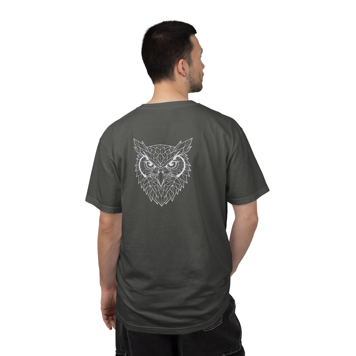 Gray owl graphic T-shirt from Printify's geometric animal series featuring the quote "See Everything. Say Nothing."