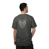 Gray owl graphic T-shirt from Printify's geometric animal series featuring the quote "See Everything. Say Nothing."