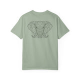 Gray elephant graphic T-shirt from Printify's Geometric Animal Series with "Thick Skin. Soft Heart." slogan, featuring a stylized elephant design.