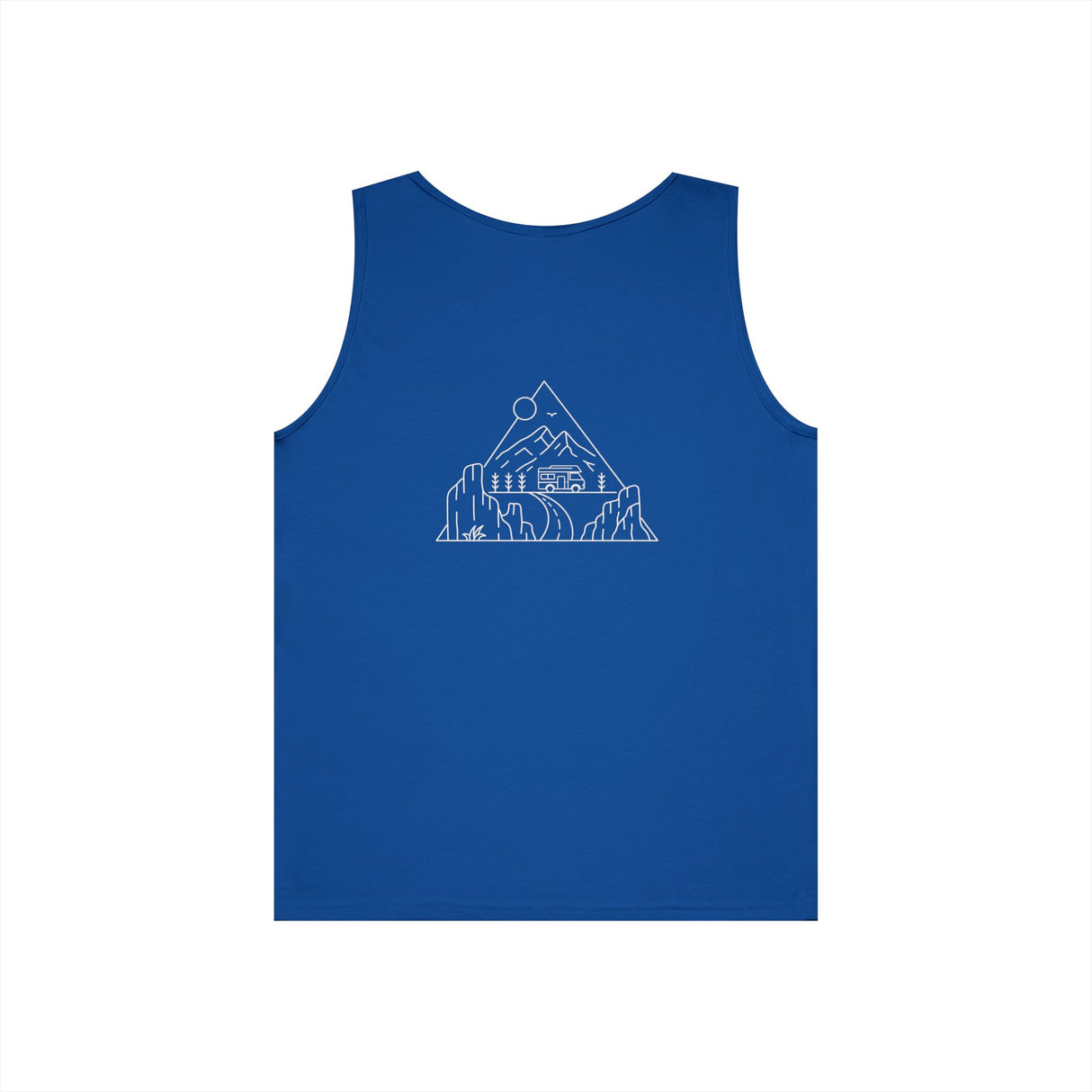 Printify Road Trip Tank Top from the Nature Series featuring the phrase "Nowhere to Be. Everywhere to Go." displayed on the front.