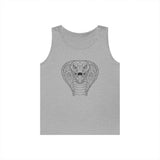 Gray Cobra Tank Top from Printify's Geometric Animal Series featuring a snake graphic and the phrase "Patience is the Deadliest Weapon."