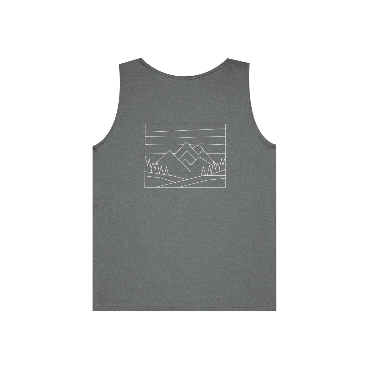 Burnt orange mountain tank top from the Printify Nature Series, featuring "Built by Nature. Shaped by Choice." printed on the front.
