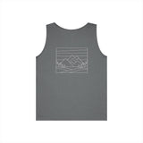 Burnt orange mountain tank top from the Printify Nature Series, featuring "Built by Nature. Shaped by Choice." printed on the front.