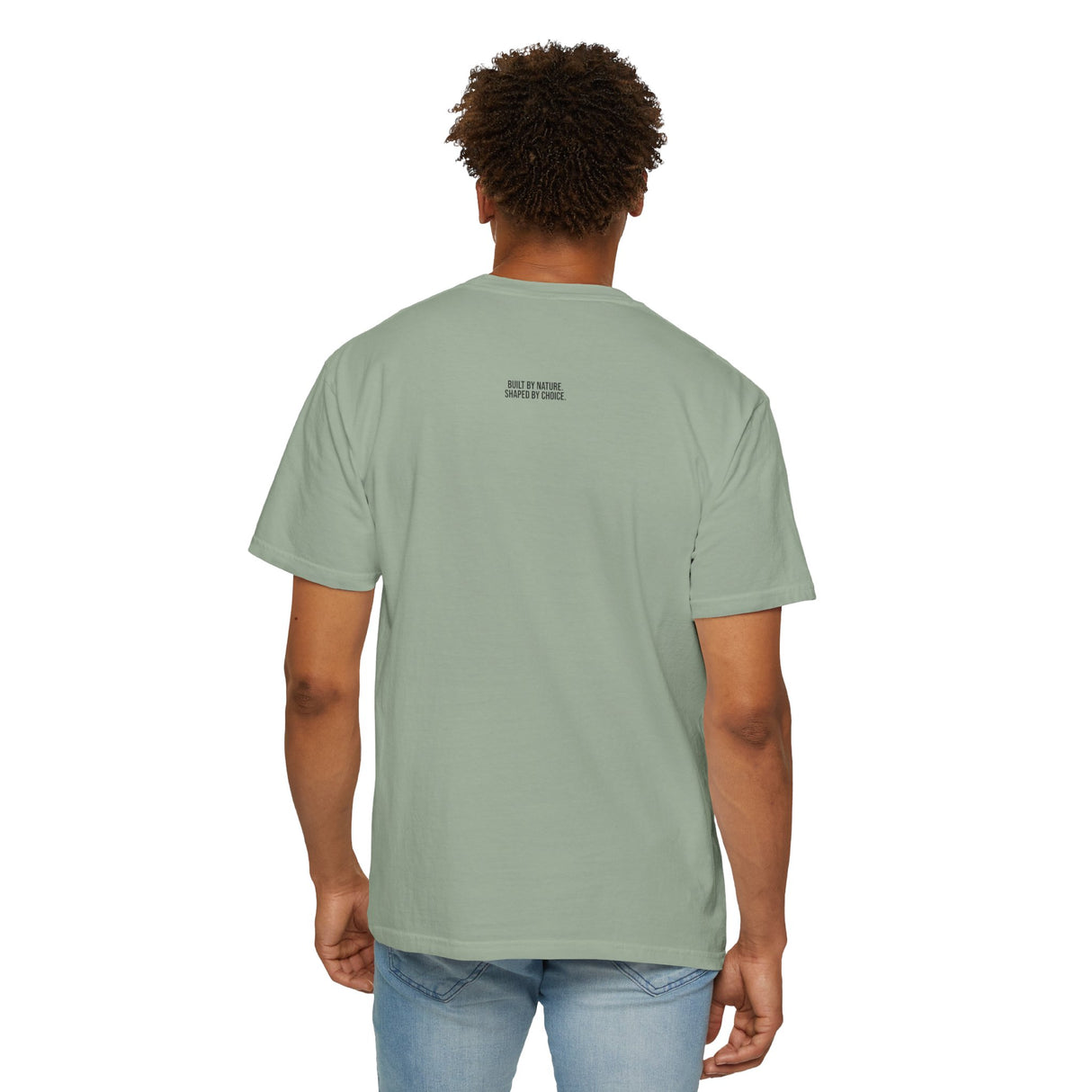 Printify Mountain Tee T-shirt featuring "Built by Nature. Shaped by Choice." design from the Nature Series, casual apparel for outdoor lovers.