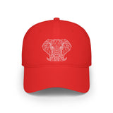 Red cap with a white wolf design on a white background