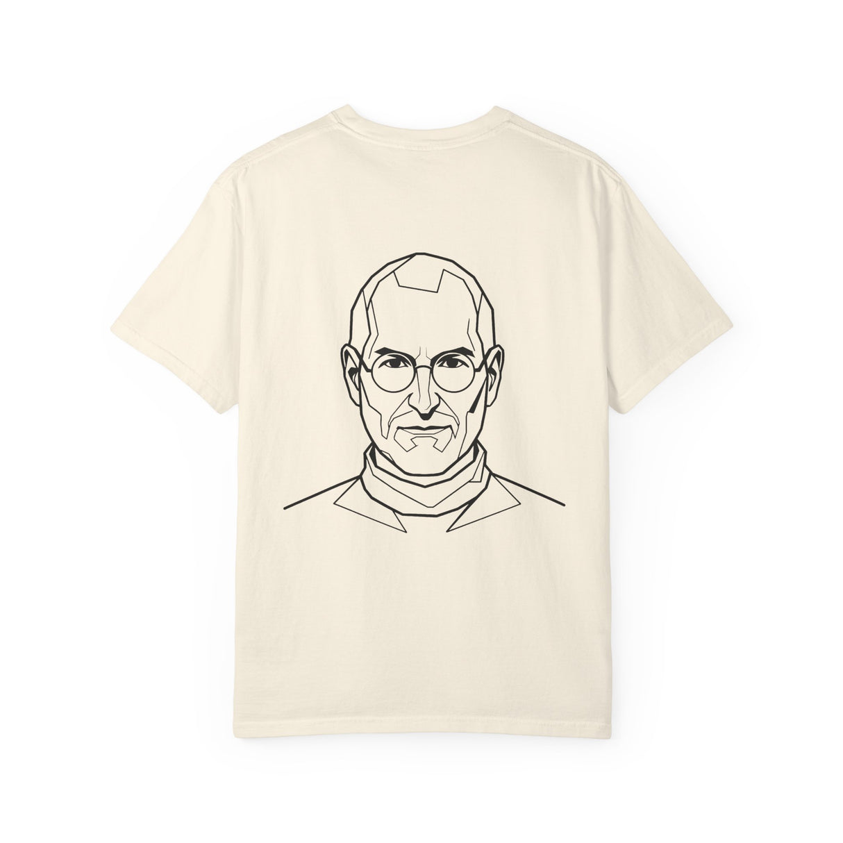Beige t-shirt with a black line drawing of a person on a white background