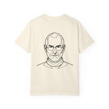 Beige t-shirt with a black line drawing of a person on a white background