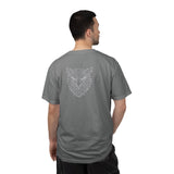 Gray eagle graphic T-shirt from Printify's geometric animal series featuring "Rise Above Everything" slogan.