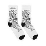 Colorful Cobra Crew Socks with geometric animal print and the phrase "Patience is the Deadliest Weapon" from Printify's All Over Prints collection.