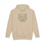 Gray bear hoodie with geometric animal design and "Unbothered. Unmoved. Undefeated." text, made by Printify.