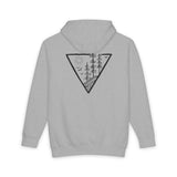 Gray hoodie with a black triangle design on the back against a white background