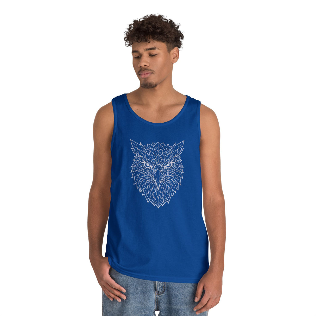Eagle Tank Top from Printify's Geometric Animal Series featuring a stylized eagle design on a sleeveless top.