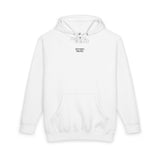 White hoodie with text on the chest on a white background