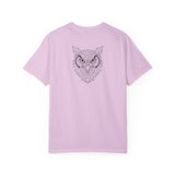 Gray owl graphic T-shirt from Printify featuring geometric animal design and the quote "See Everything. Say Nothing."
