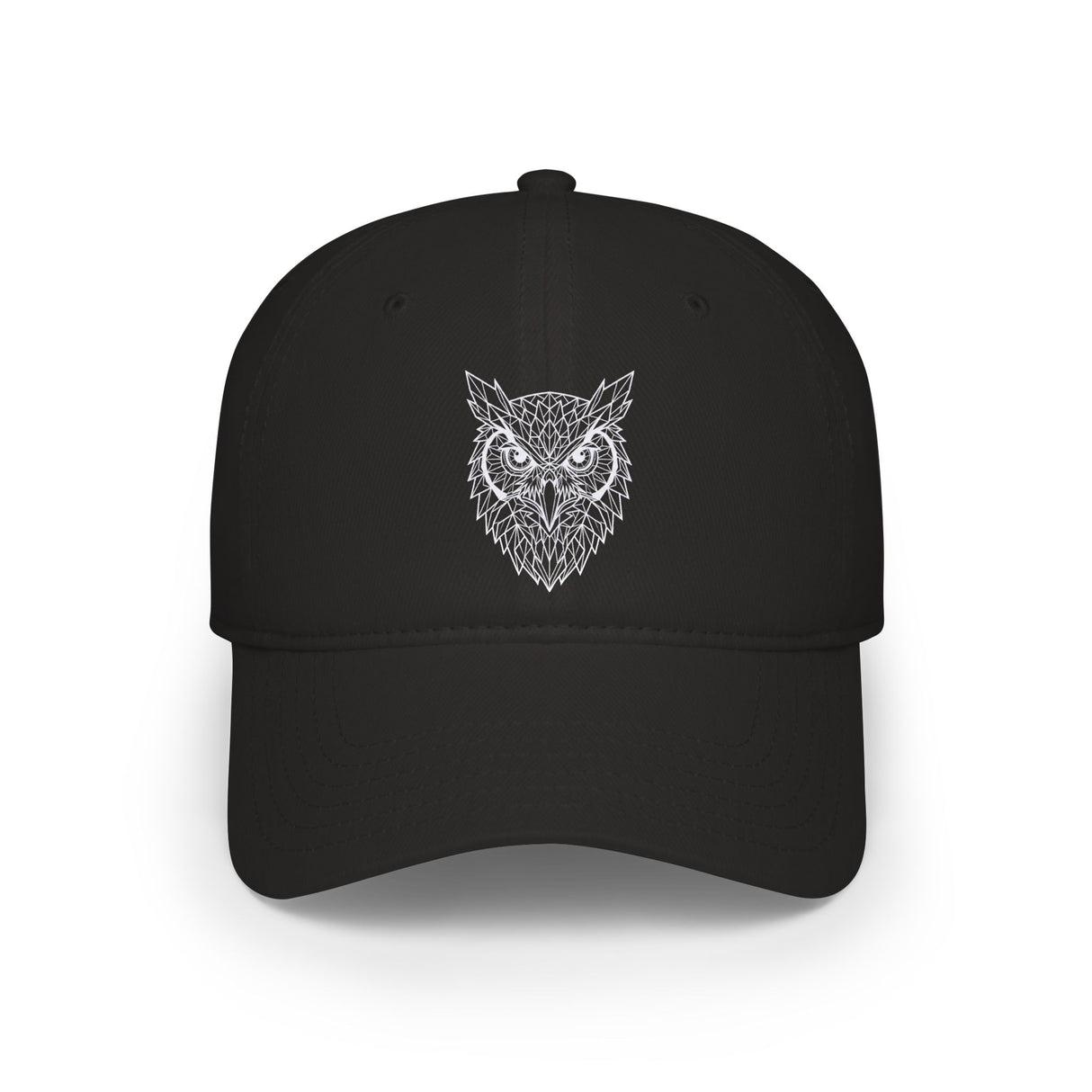 Black cap with an owl design on a white background