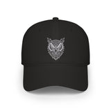 Black cap with an owl design on a white background