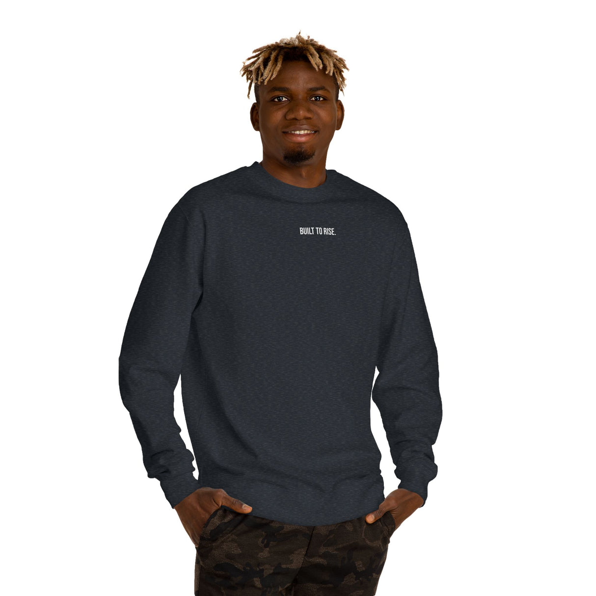 Printify Peak Sweatshirt from the Nature Series featuring the "Built to Rise" design, comfortable cotton fabric, and a stylish fit.