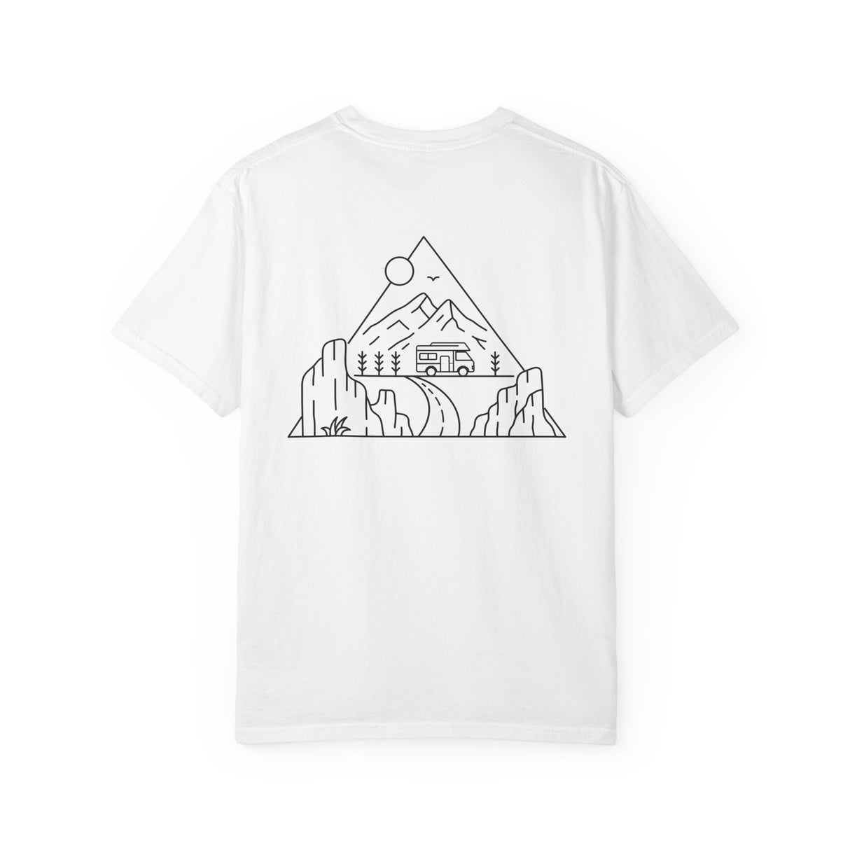 Printify Road Trip T-Shirt from the Nature Series featuring the quote "Nowhere to Be. Everywhere to Go." displayed on the front.