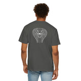 Person wearing a gray t-shirt with a heart-shaped design and text on the back