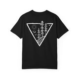 Forest Tee T-shirt featuring "Deep Roots. High Rise." design from Nature Series by Printify, with forest and tree graphic.