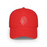 Lion-shaped geometric design on a black baseball cap from the Printify Lion Baseball Cap series featuring the quote "King Is a Standard. Not a Title."