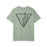 Forest Tee T-shirt from the Nature Series featuring a "Deep Roots. High Rise." design, printed by Printify on a comfortable cotton shirt.