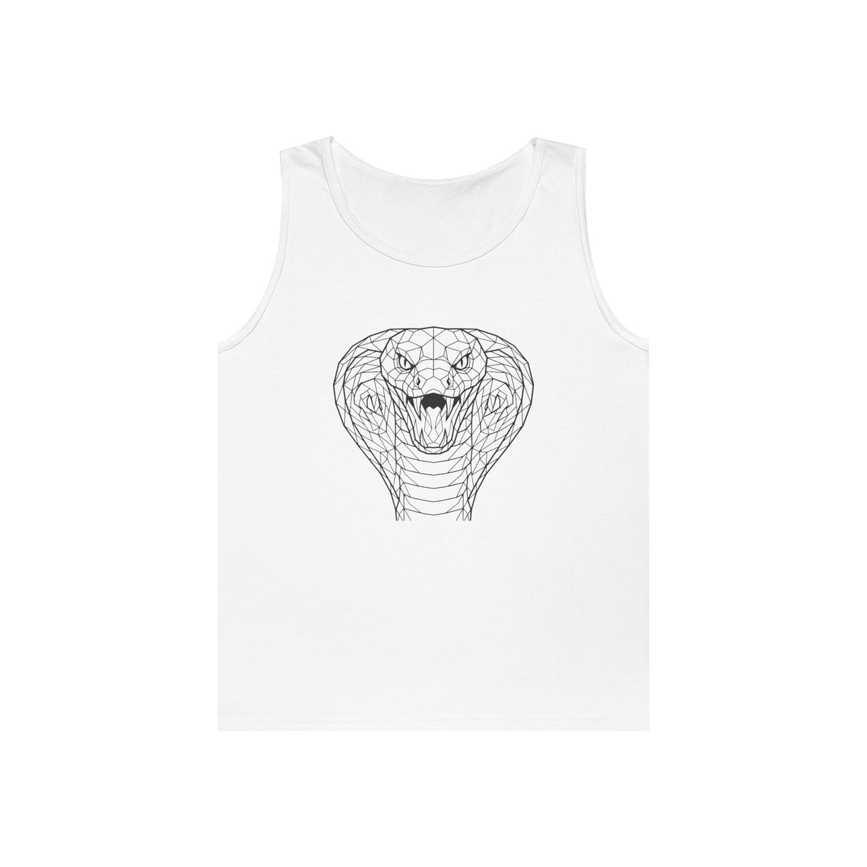 Gray Cobra Tank Top from Printify's Geometric Animal Series with "Patience is the Deadliest Weapon" slogan.