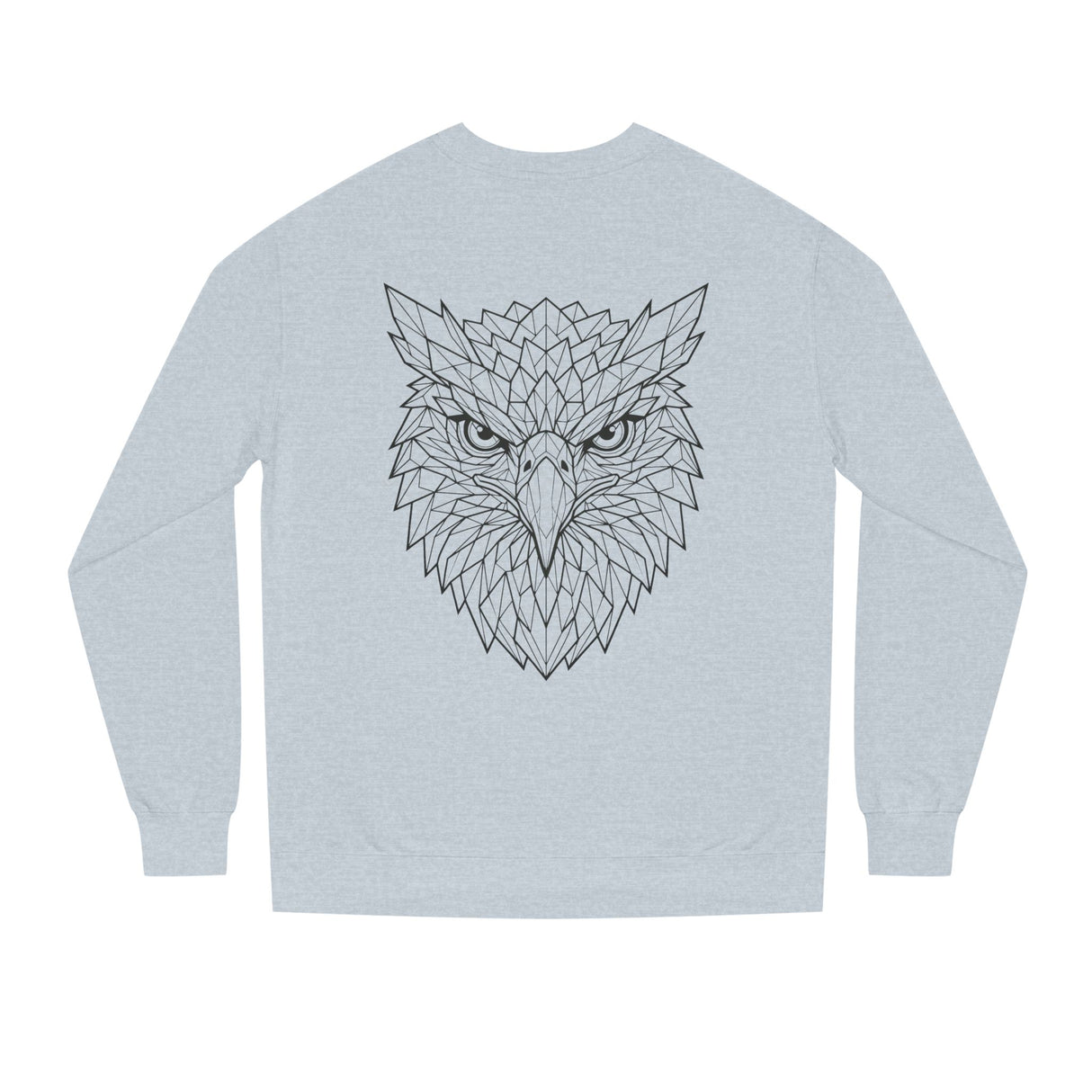 Eagle Sweatshirt from Printify's Geometric Animal Series featuring a stylized eagle design and the phrase "Rise Above Everything."