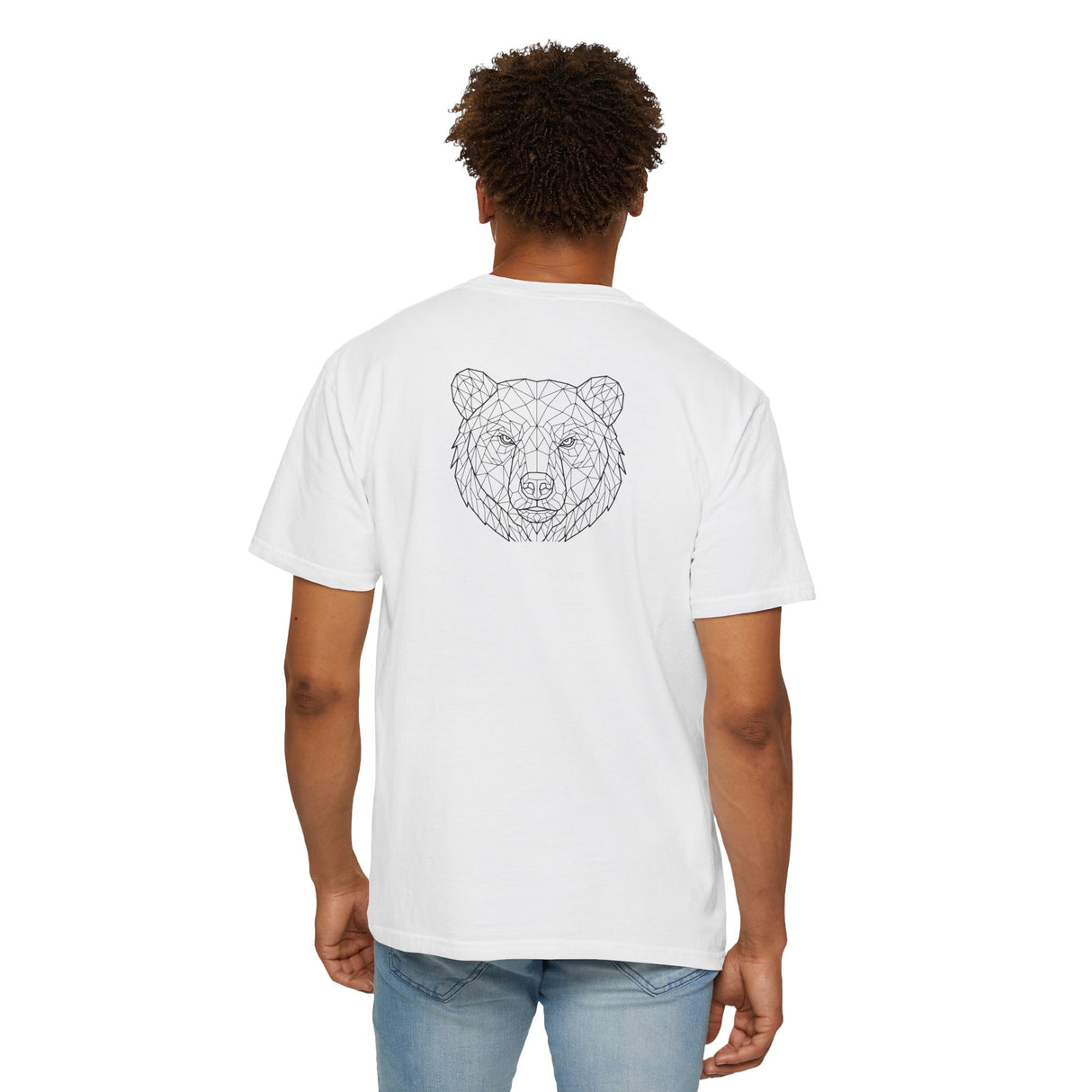 Gray Bear Tee T-shirt from Printify's Geometric Animal Series featuring the phrase "Unbothered. Unmoved. Undefeated."