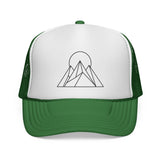 Printify Peak Trucker Hat from the Nature Series featuring "Built to Rise" slogan, with mesh back and structured front panel.