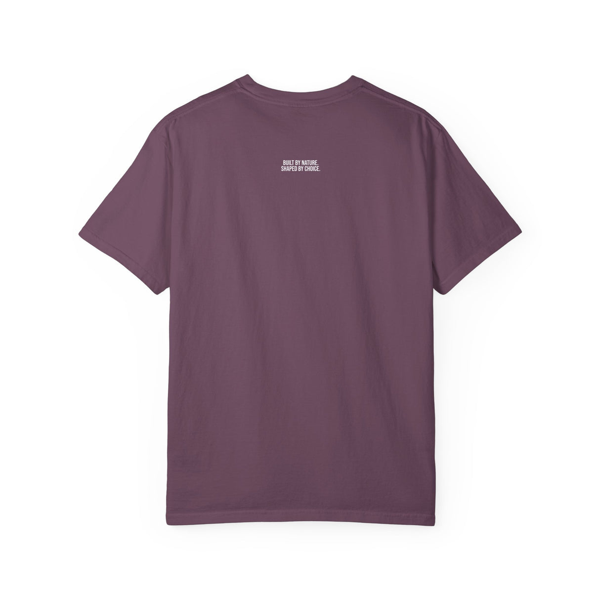 Printify Mountain Tee T-shirt from the Nature Series featuring a mountain graphic and the phrase "Built by Nature. Shaped by Choice."