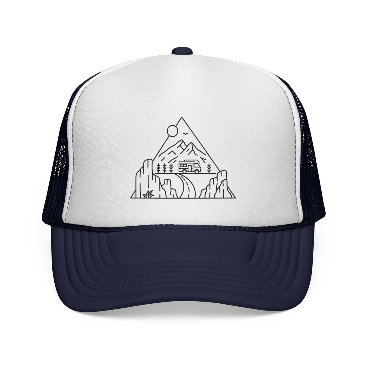 Road trip trucker hat from the Nature Series with "Nowhere to Be. Everywhere to Go." slogan, featuring mesh back and adjustable strap.