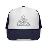 Road trip trucker hat from the Nature Series with "Nowhere to Be. Everywhere to Go." slogan, featuring mesh back and adjustable strap.