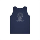 N. Tesla tank top from Visionaries Series by Printify featuring energy, frequency, and vibration quote printed on a sleeveless top.