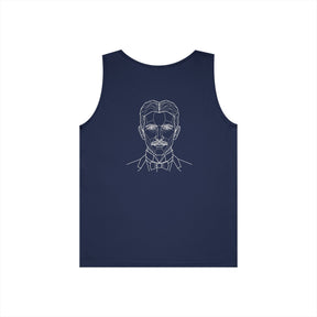 N. Tesla tank top from Visionaries Series by Printify featuring energy, frequency, and vibration quote printed on a sleeveless top.