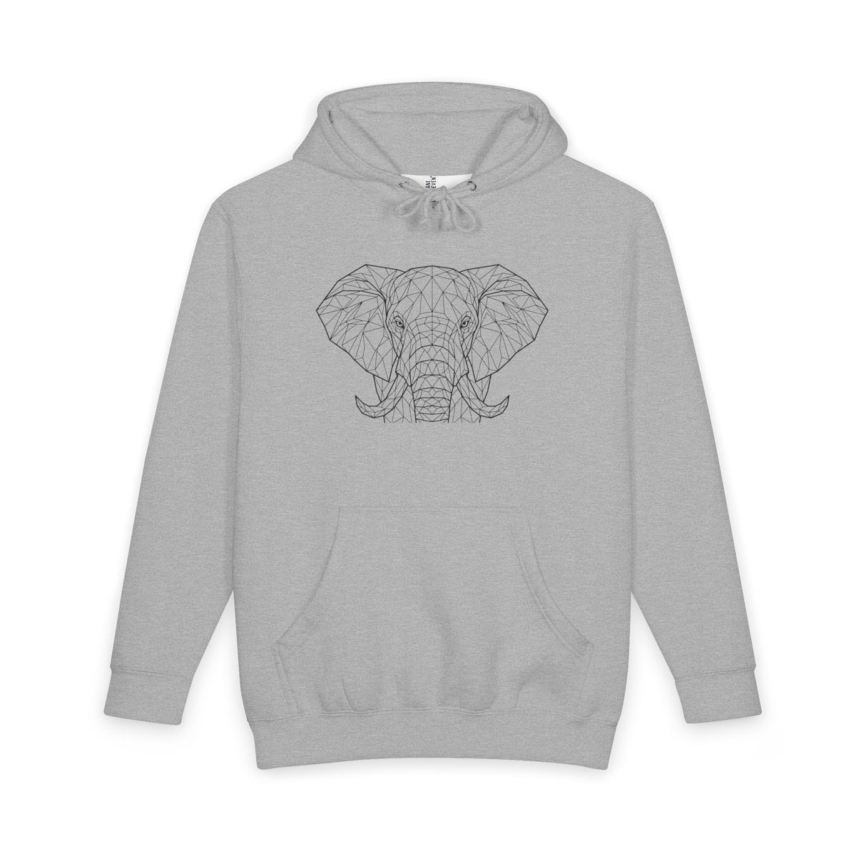 Grey Elephant Hoodie from Printify's Geometric Animal Series featuring a "Thick Skin. Soft Heart." design on soft fabric.