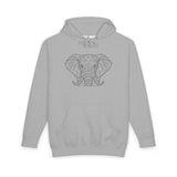Grey Elephant Hoodie from Printify's Geometric Animal Series featuring a "Thick Skin. Soft Heart." design on soft fabric.