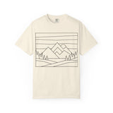 Printify Mountain Tee T-shirt featuring "Built by Nature. Shaped by Choice." design from the Nature Series, showcasing eco-inspired style.
