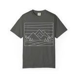 Printify Mountain Tee T-shirt from the Nature Series featuring a mountain graphic and the phrase "Built by Nature. Shaped by Choice."