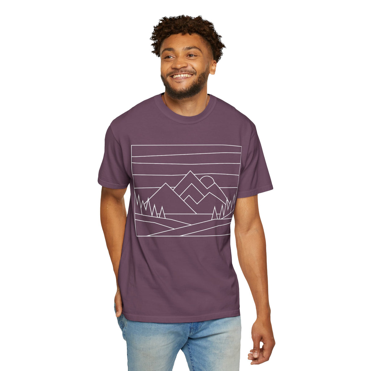 Printify Mountain Tee T-shirt from the Nature Series featuring a mountain graphic and the slogan "Built by Nature. Shaped by Choice."