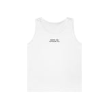 White road trip tank top from the Nature Series with the quote "Nowhere to Be. Everywhere to Go." by Printify, casual summer wear.