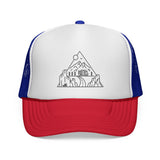 Road Trip Trucker Hat from the Nature Series featuring the quote "Nowhere to Be. Everywhere to Go," by Printify.