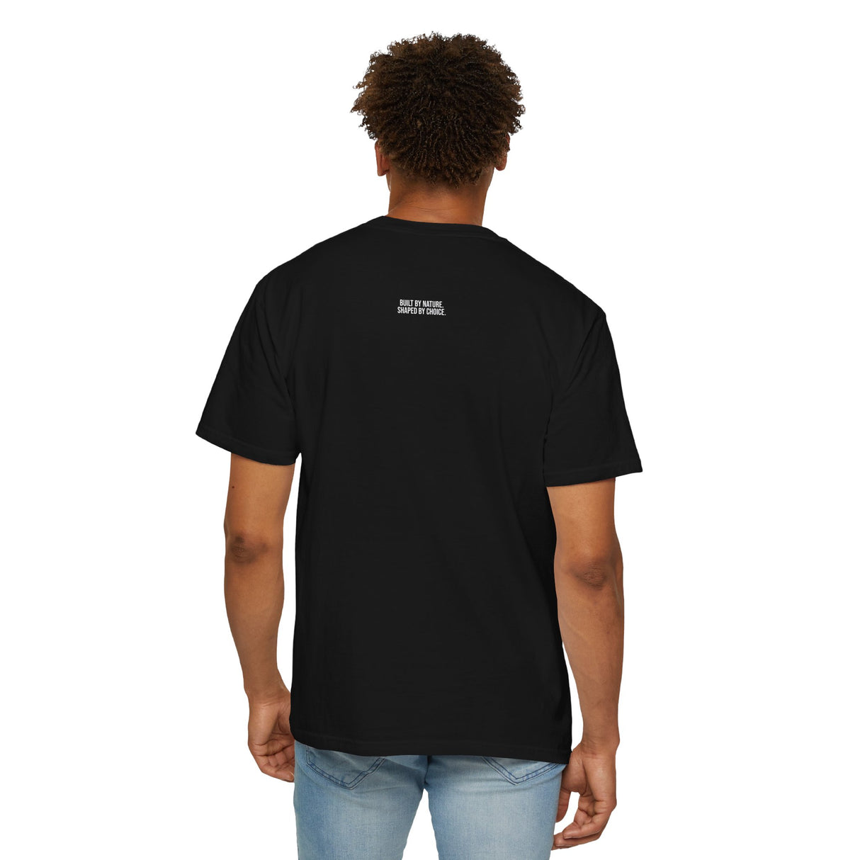 Green mountain-themed T-shirt from Printify's Nature Series featuring the slogan "Built by Nature. Shaped by Choice."
