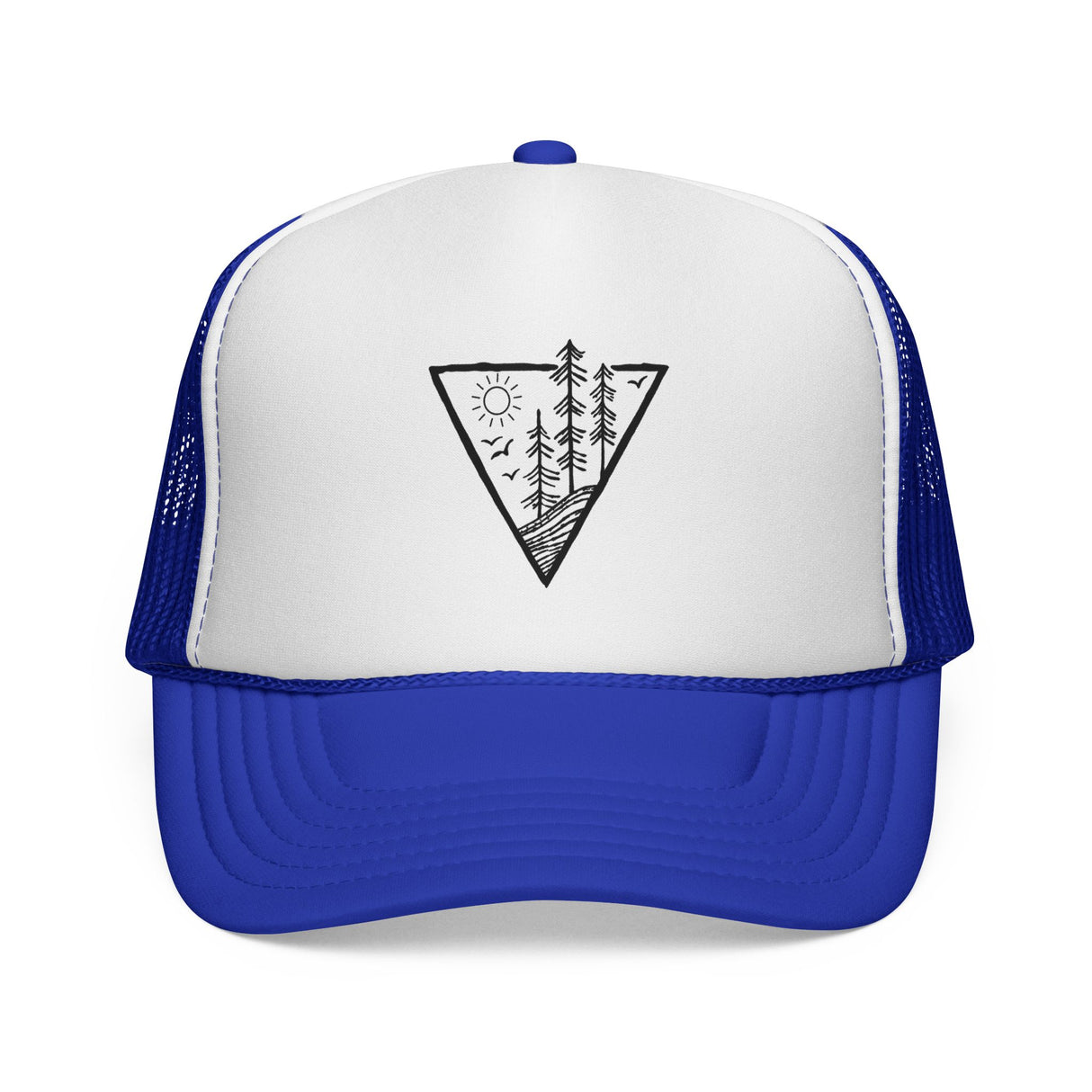 Forest Trucker Hat from the Nature Series by Printify featuring a high-rise design with "Deep Roots" logo on the front.