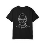 Black t-shirt with white text and graphics on a white background