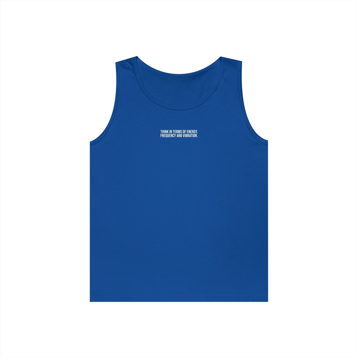 N. Tesla Tank Top from the Visionaries Series by Printify featuring the quote "Think in Terms of Energy, Frequency and Vibration."