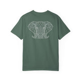 Gray elephant graphic T-shirt from Printify's Geometric Animal Series featuring "Thick Skin. Soft Heart." design.