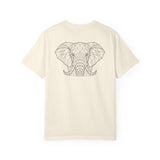 Gray elephant graphic T-shirt by Printify featuring geometric design and the quote "Thick Skin. Soft Heart." on the front.